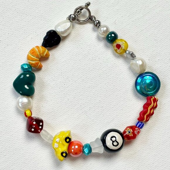 new! handmade charm bracelet chunky pearls indie kidcore funky bright unique - Picture 1 of 4